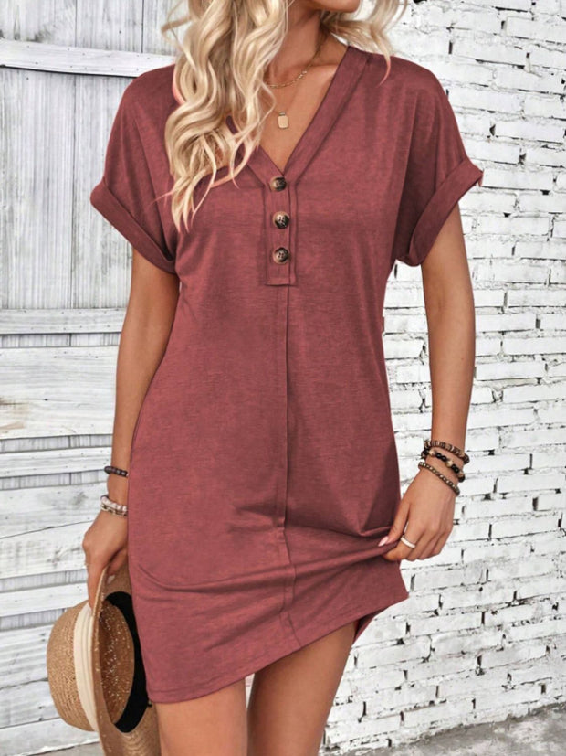 Button V-Neck Short Sleeve Dress