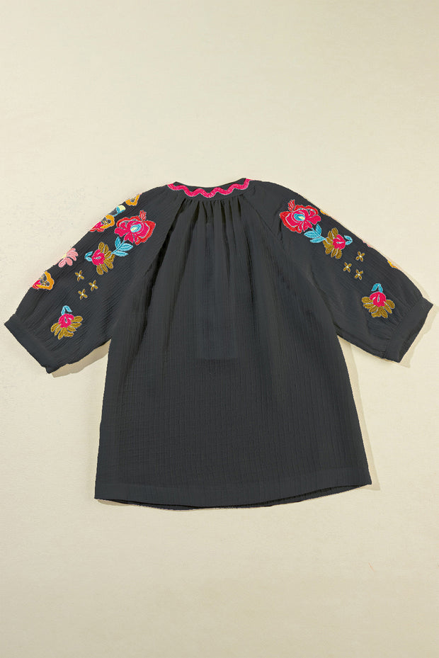 Embroidered Notched Half Sleeve Blouse