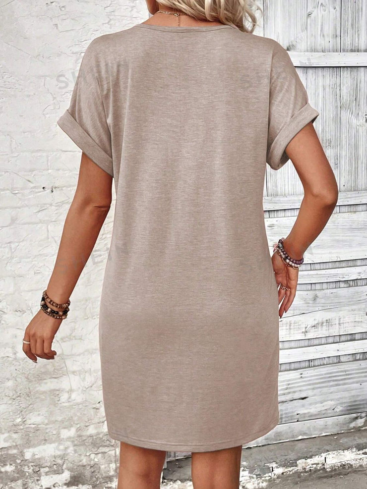 Button V-Neck Short Sleeve Dress