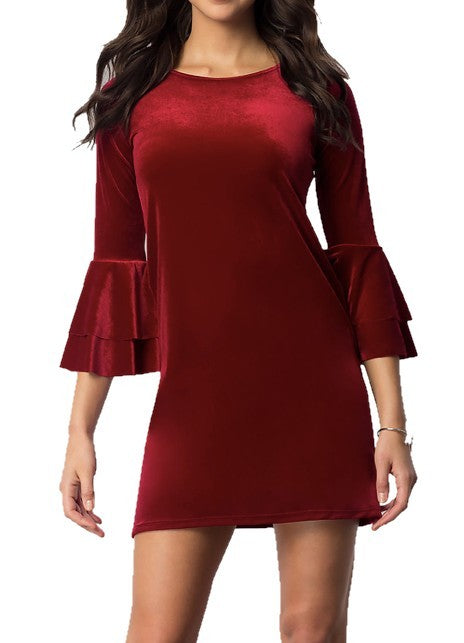 VELVET DOUBLE FLOUNCE 3/4 SLEEVE  TUNIC DRESS