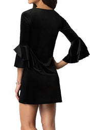 VELVET DOUBLE FLOUNCE 3/4 SLEEVE  TUNIC DRESS