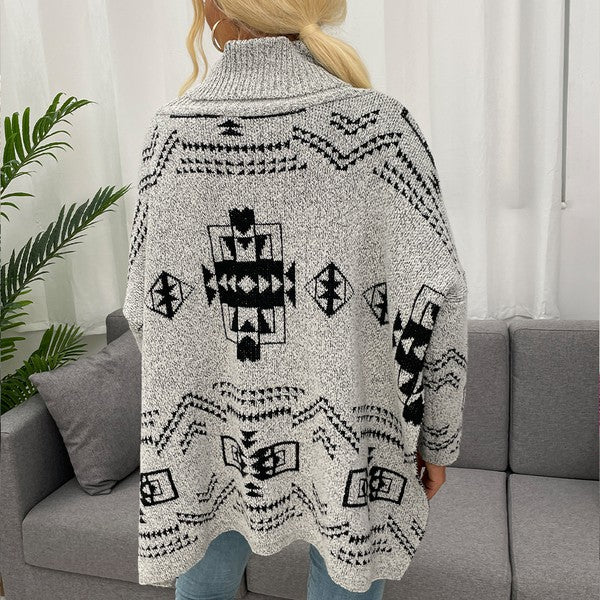 Geo Pattern Turtleneck Drop Shoulder Sweater