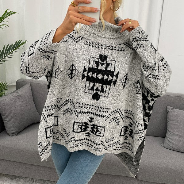 Geo Pattern Turtleneck Drop Shoulder Sweater