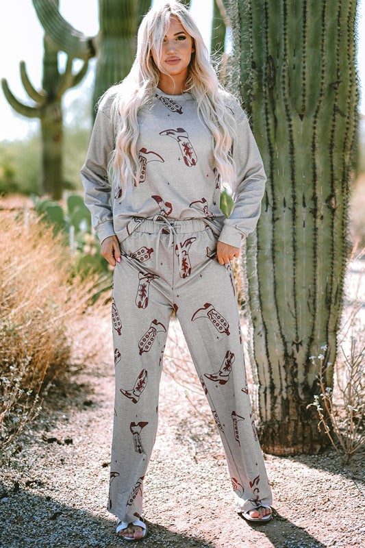 Printed Long Sleeve Top Pants Lounge Set