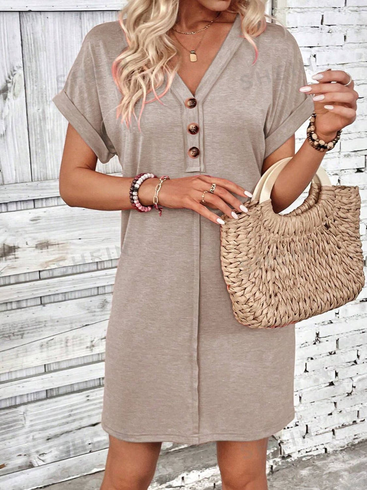 Button V-Neck Short Sleeve Dress