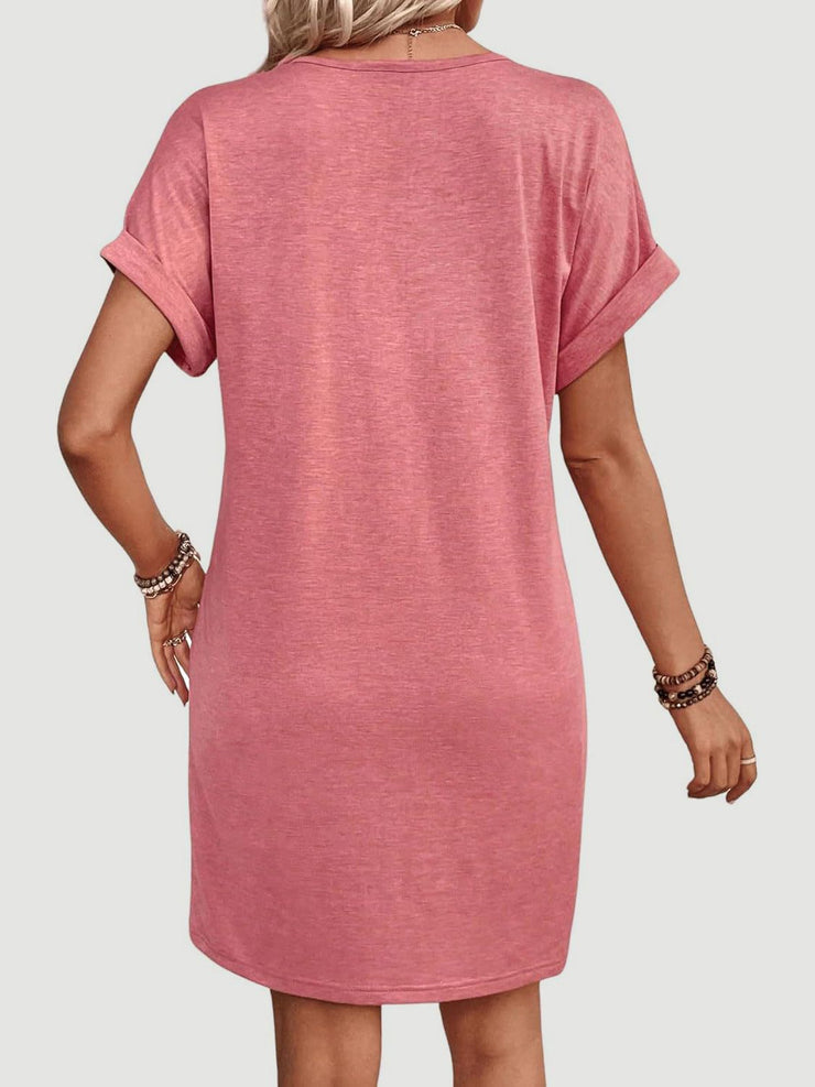 Button V-Neck Short Sleeve Dress