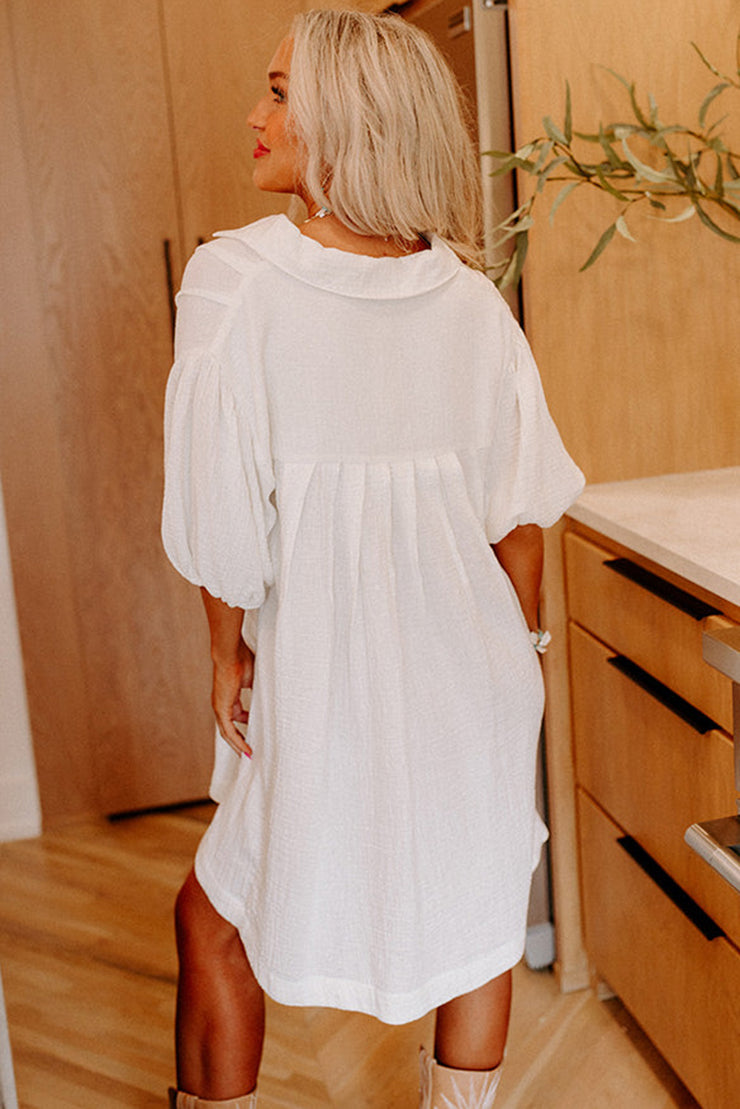 White Half Sleeve Buttoned Shirt Dress