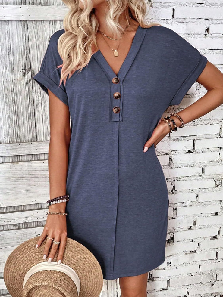 Button V-Neck Short Sleeve Dress