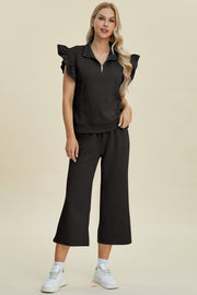 Texture Ruffle Short Sleeve Top and Wide Leg Pants Set