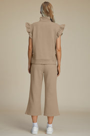 Texture Ruffle Short Sleeve Top and Wide Leg Pants Set