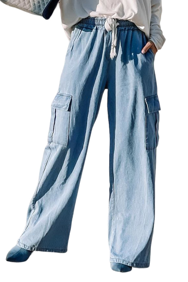 Drawstring High Waist Cargo Pocket Wide Leg Jeans