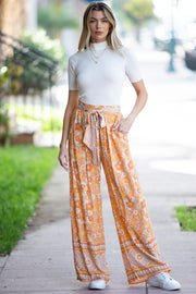 Grapefruit Orange Tie Waist Boho Floral Wide Leg Pants