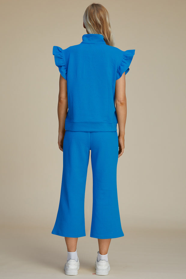 Texture Ruffle Short Sleeve Top and Wide Leg Pants Set