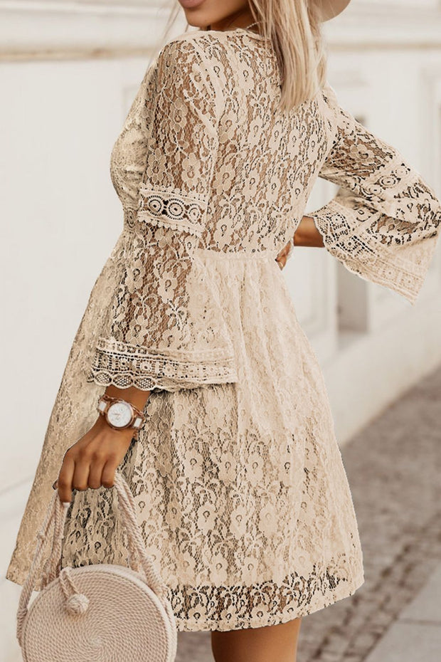 Lace V-Neck Three-Quarter Sleeve Tunic Dress