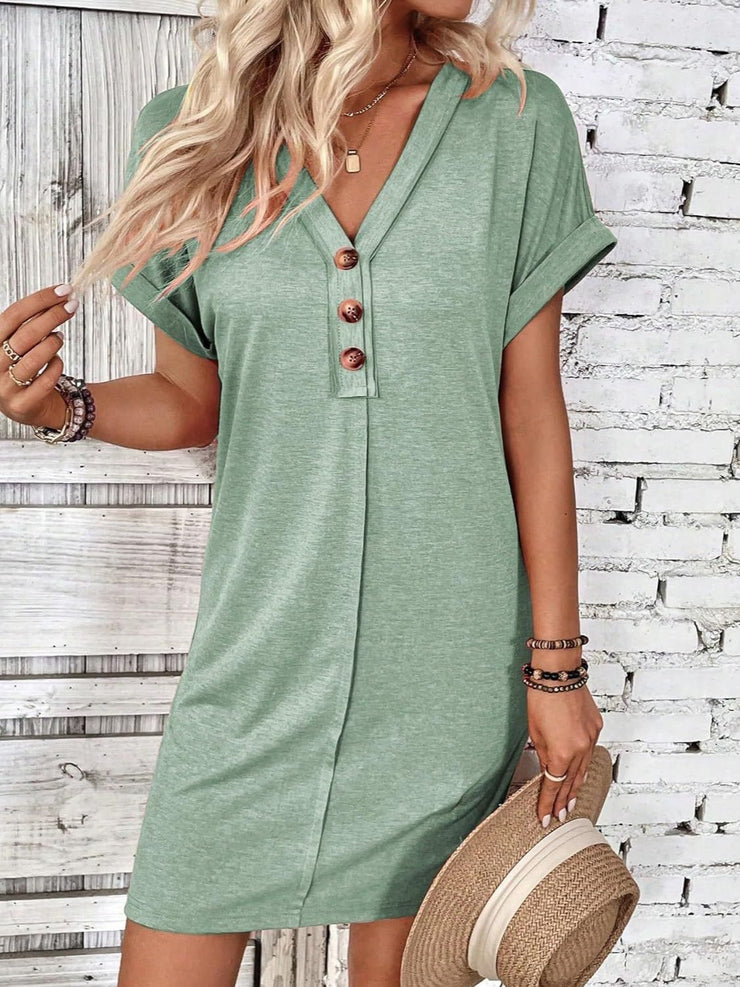 Button V-Neck Short Sleeve Dress