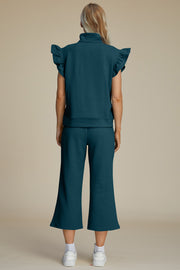 Texture Ruffle Short Sleeve Top and Wide Leg Pants Set