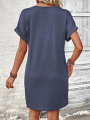 Button V-Neck Short Sleeve Dress