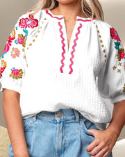 Embroidered Notched Half Sleeve Blouse