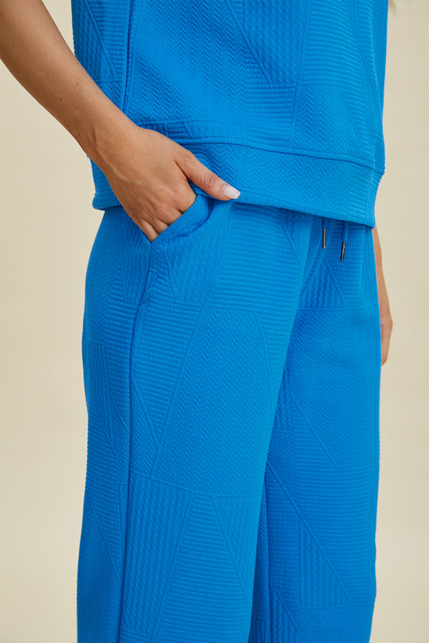 Texture Ruffle Short Sleeve Top and Wide Leg Pants Set
