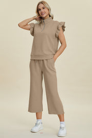 Texture Ruffle Short Sleeve Top and Wide Leg Pants Set