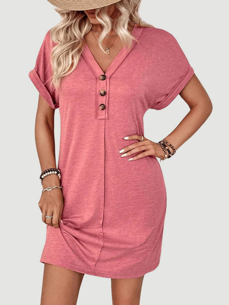 Button V-Neck Short Sleeve Dress