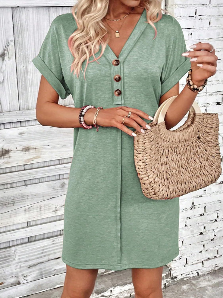 Button V-Neck Short Sleeve Dress