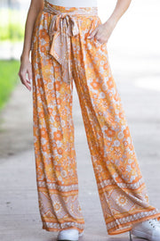 Grapefruit Orange Tie Waist Boho Floral Wide Leg Pants