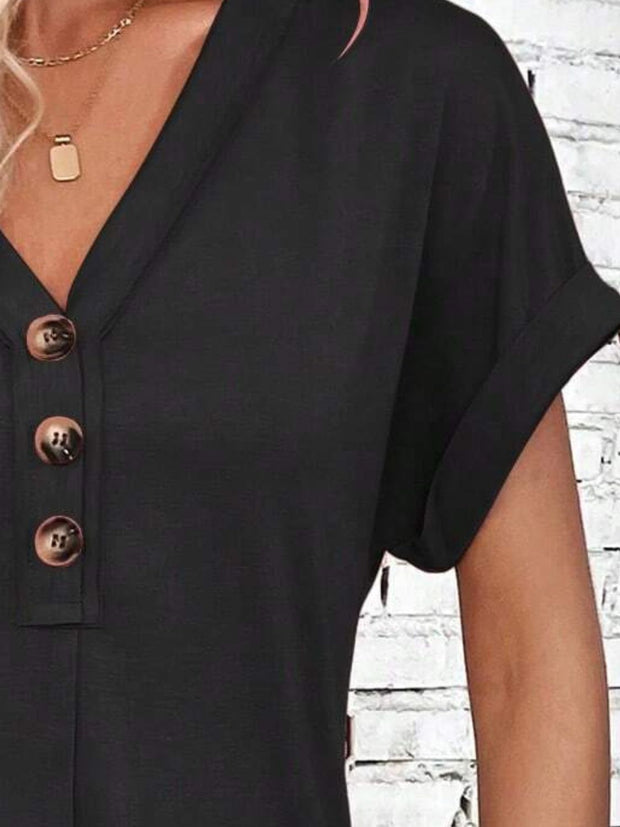 Button V-Neck Short Sleeve Dress