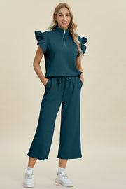 Texture Ruffle Short Sleeve Top and Wide Leg Pants Set