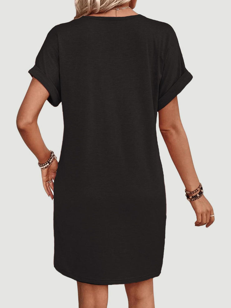 Button V-Neck Short Sleeve Dress