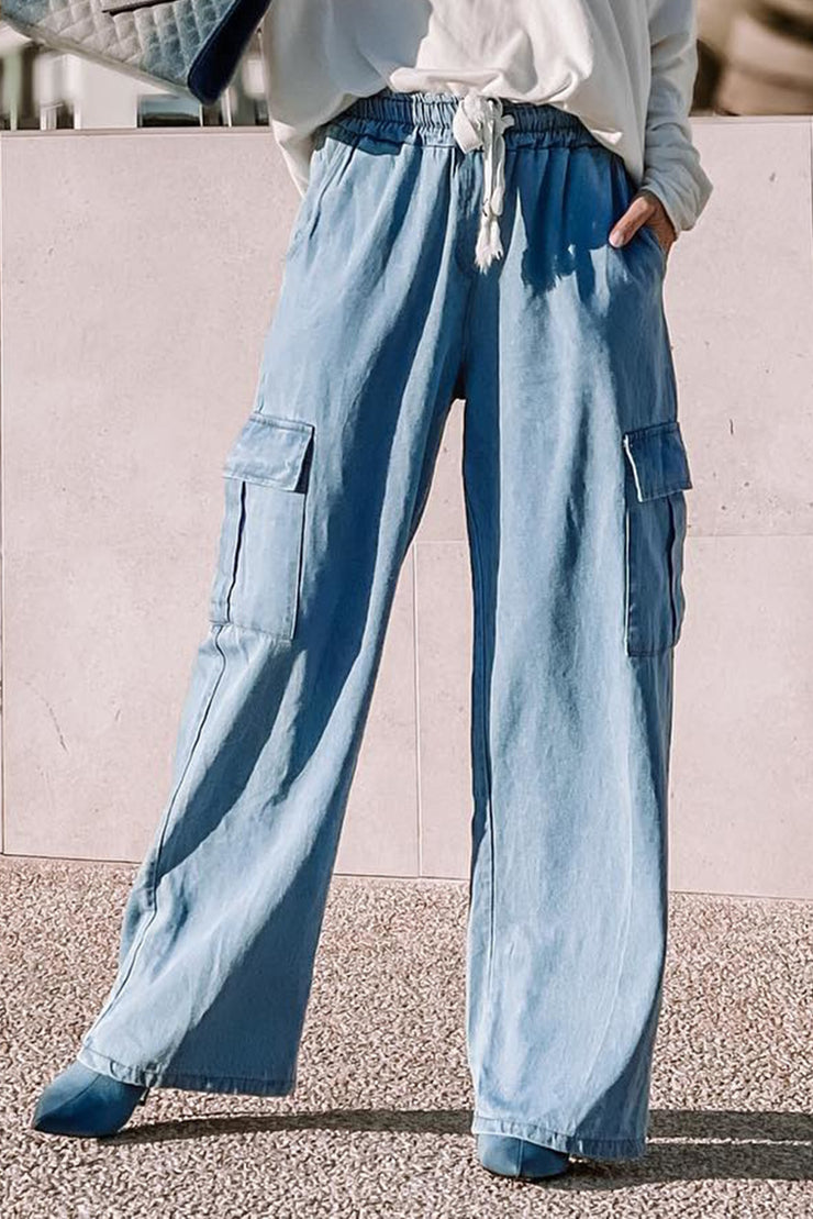 Drawstring High Waist Cargo Pocket Wide Leg Jeans