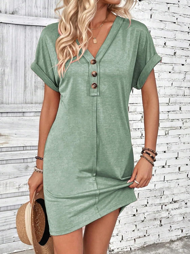 Button V-Neck Short Sleeve Dress