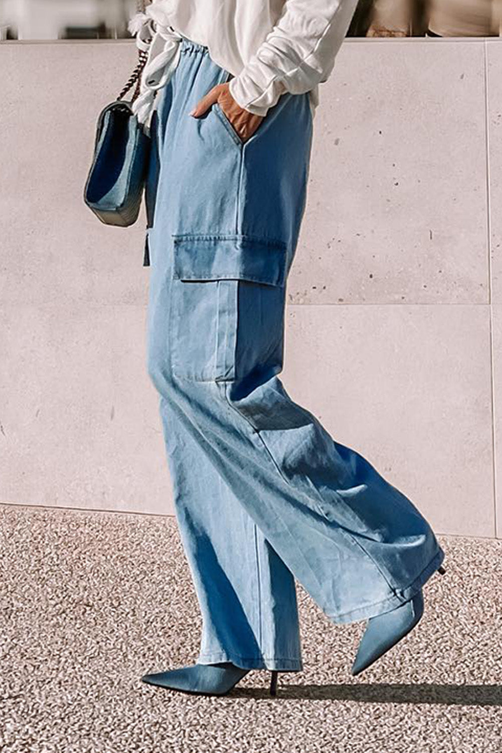 Drawstring High Waist Cargo Pocket Wide Leg Jeans