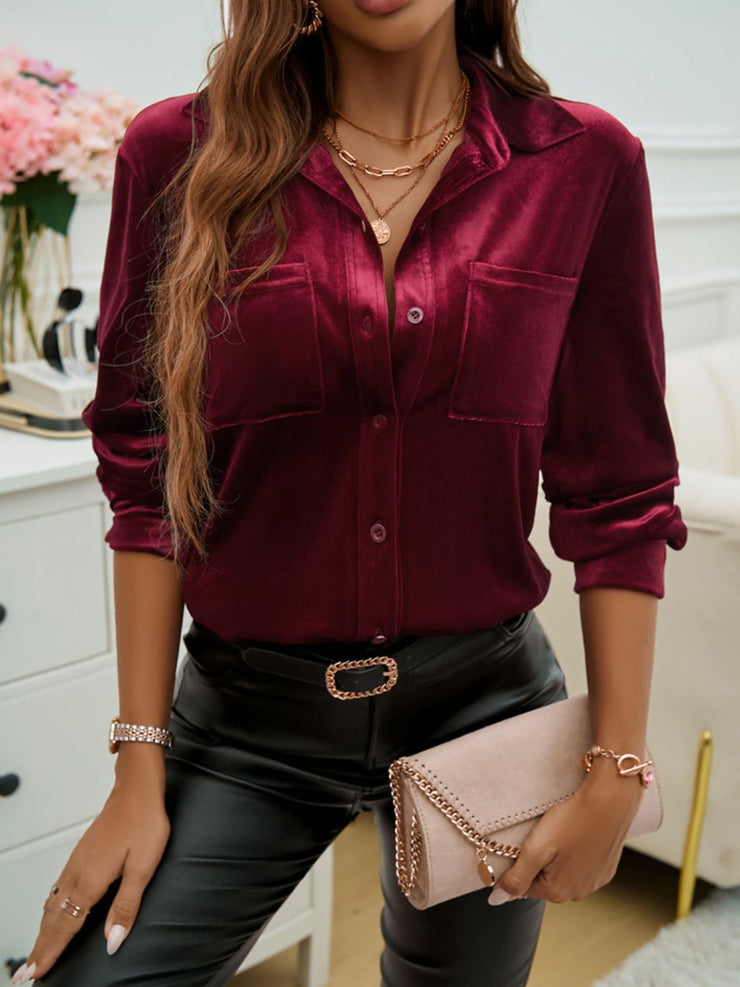 Pocketed Collared Neck Long Sleeve Shirt