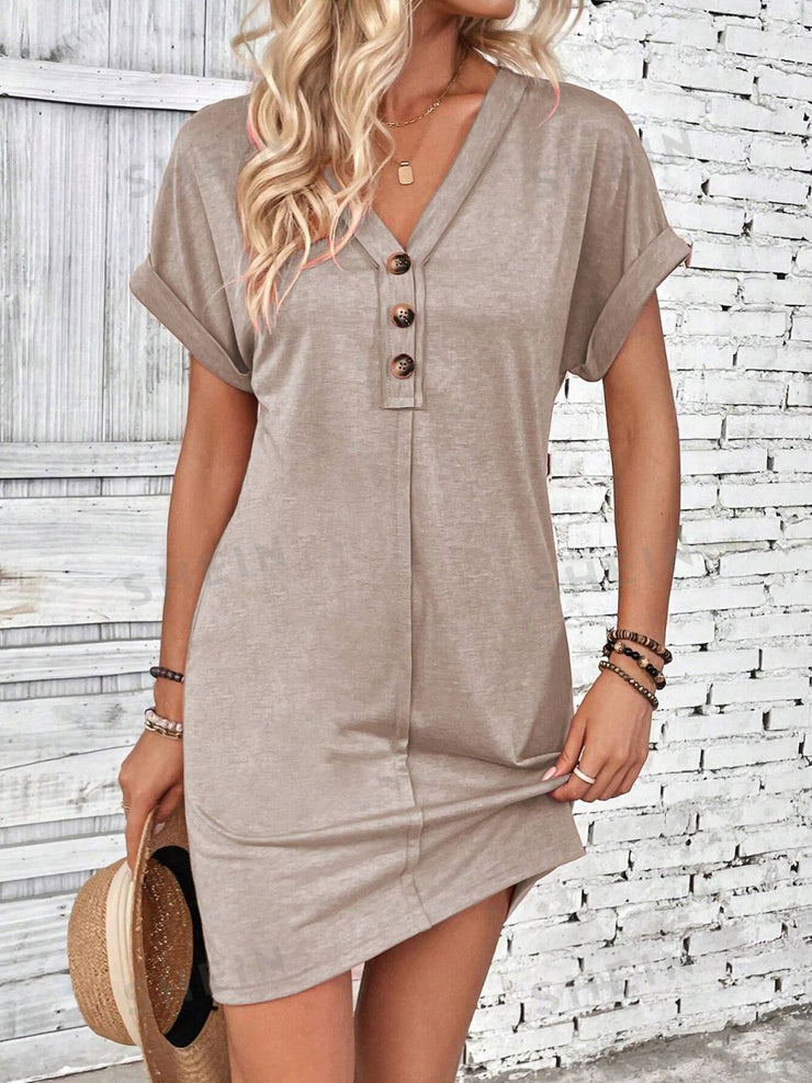 Button V-Neck Short Sleeve Dress