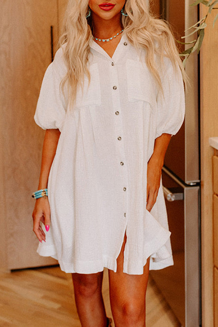 White Half Sleeve Buttoned Shirt Dress