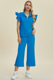 Texture Ruffle Short Sleeve Top and Wide Leg Pants Set