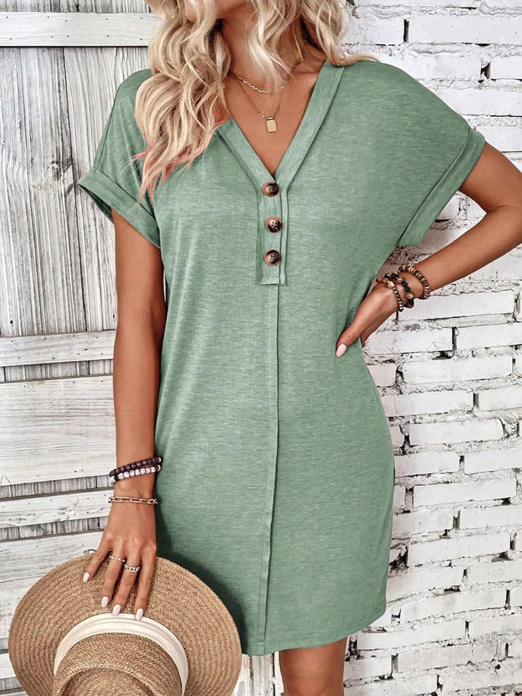 Button V-Neck Short Sleeve Dress