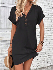 Button V-Neck Short Sleeve Dress