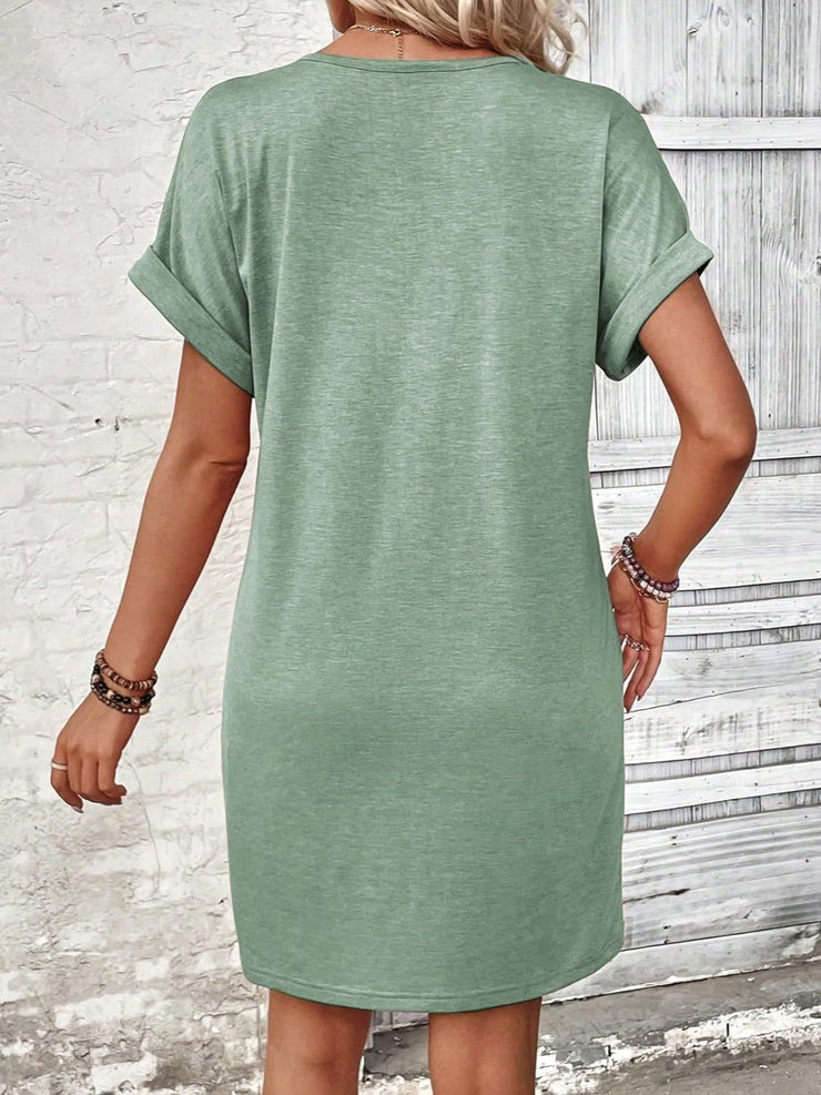 Button V-Neck Short Sleeve Dress